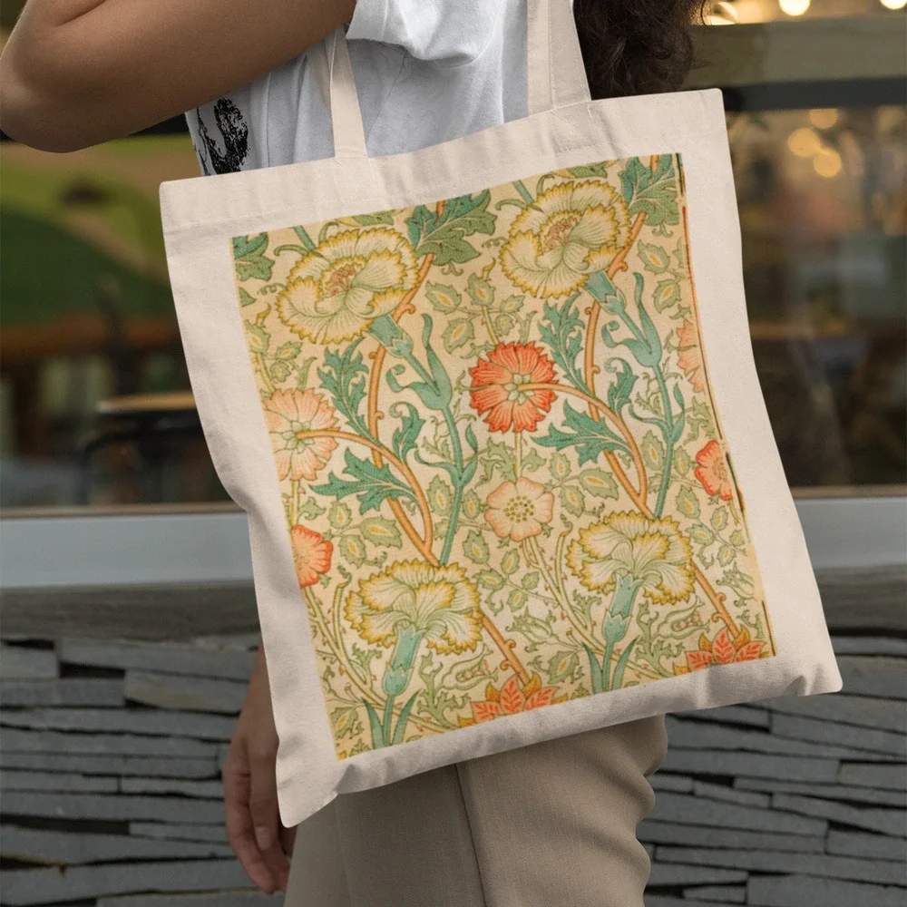 Vintage Floral Orange Sage Canvas Tote